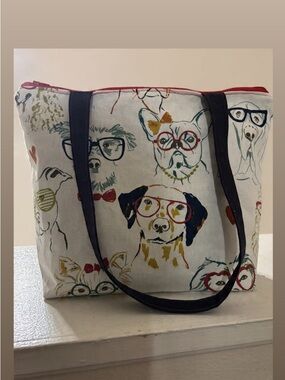 Canvas Dog Print Tote Bag in Cream with Multicolor Accents with zipper closure